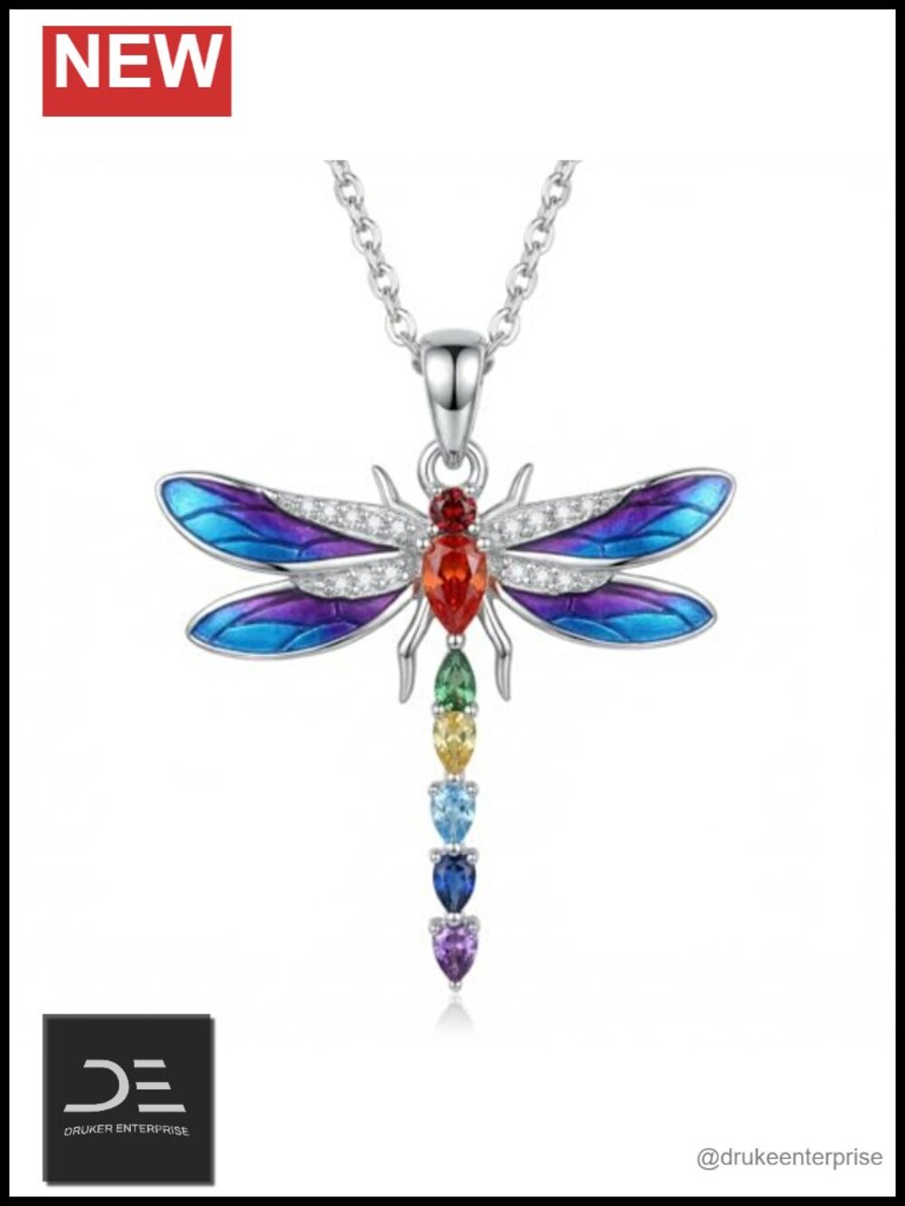 925 Sterling Silver Dragonfly Chakra Pendant Necklace Women Healing Crystal